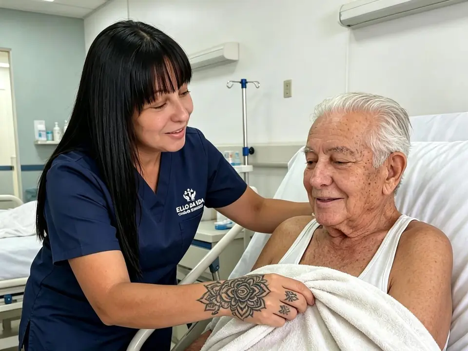 Cuidadora ajeitando o cobertor de um senhor em leito de hospital