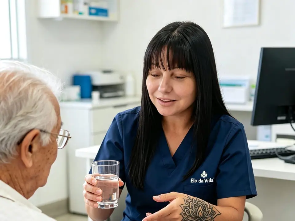Cuidadora oferecendo um copo de água e a medicação a um senhor idoso