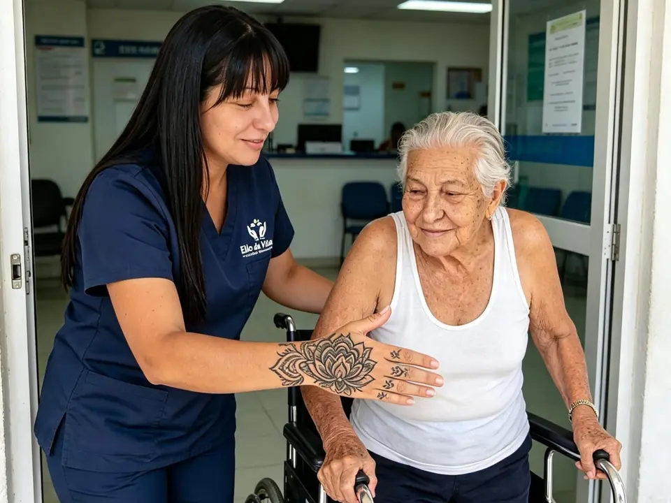 Cuidadora apoiando uma senhora idosa que caminha com andador